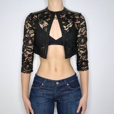 90s Italian Leather and Lace Top (S) Shrugs And Boleros, The 1990s, Small Bust, Leather Trim, Leather And Lace, Italian Leather