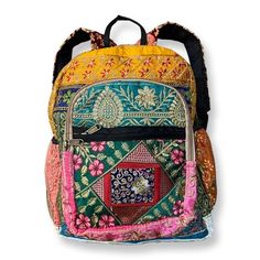 Features zipper pocket closures, adjustable straps. side stretch pockets for water bottles, 4 compartments for storage. All backpacks are hand made, therefore color, threads, patches and designs will be completely different. These backpacks was made in the Himalayas and it's design reflect the rich nature of this region. Each piece is unique and can vary in color, pattern and patchwork placement. The pictures are just examples of the different colors, textures, and patchwork placements that thes Patchwork Backpack, Small Backpack Purse, Diy Clutch, High Priestess, The Himalayas, Purse Patterns, Crystal Skull, Small Backpack, One Bag