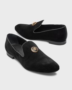 Versace smoking slippers in supple suede with tonal leather piping.Stacked heel.Almond toe.Medusa ornament at the notched vamp.Leather outsole.Slip-on style.Made in Italy Versace Shoes Mens, Versace Shoes, Versace Men, Mens Slippers, Shoe Collection, Versace, Men's Shoes, Slippers, Leather