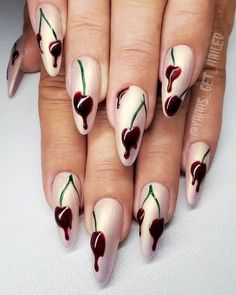 Cherry Halloween Nails, Halloween Cherry Nails, Grunge Spring Nails, Nail Designs Cherries, Cherry Skull Nails, Skull Cherry Nails, Dark Cherry Nails Designs, 1990 Nails, Chocolate Cherry Nails