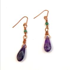 Handmade In My New Jewelry Studiocopper Wire Earrings With Jade And Amethyst Drop Bead. All Natural Stones. New Item Never Worn. Handmade Amethyst Purple Earrings, Purple Amethyst Spiritual Earrings, Spiritual Amethyst Purple Earrings, Spiritual Purple Amethyst Earrings, Copper Wire Earrings, Lion Earrings, Akoya Pearl Earrings, Silver Star Earrings, Studio Jewelry