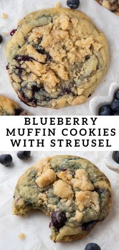 blueberry muffin cookies with crumbs on top and the words, blueberry muffin cookies with crumbs