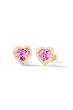 Stay timeless while making a statement with these everyday earrings. The Madison Heart Bezel Stud Earrings feature a stone of your choice with complimentary colored enamel. The ruby, emerald & sapphires are lab-created stones. Elegant Enamel Heart Cut Jewelry, Elegant Heart Cut Enamel Jewelry, Heart Cut Enamel Jewelry For Gifts, Elegant Heart-shaped Enamel Earrings, Valentine's Day Gift Earrings With Polished Finish, Pink Heart-shaped Gemstone Earrings, Pink Heart Gemstone Earrings, Pink Fine Jewelry Heart Earrings As Gift, Pink Heart Earrings Fine Jewelry For Gifts