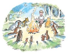 a child sitting in front of a campfire surrounded by cats and other small animals