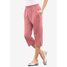 A kicky style in a best-selling fabric you're sure to love. Side slits at hem. Casual Pink Short Leg Pants, Spring Knee-length Pants With Elastic Waistband, Spring Comfort Stretch Short Bottoms, Casual Pink Knee-length Bottoms, Knee-length Bottoms With Elastic Waistband For Loungewear, Casual Stretch Capris With Short Length, Casual Stretch Capris, Casual Stretch Short Leg Capris, Pink Stretch Capris For Spring