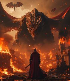 a man standing in front of a huge fire breathing dragon on top of a city