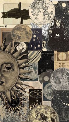 an artistic collage with sun, moon and other things in black and white colors