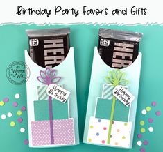 two birthday party favors and gifts are in the package with confetti on them