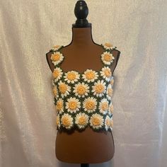 This Playful Nwt Tank Was Constructed From Vintage Handmade Crochet Blankets And Is Designed For All Bodies And All Beings. Wear It On Its Own, Over A Slip, Pants, Etc. Yellow Knitted Summer Top, Yellow Cotton Crochet Top For Spring, Yellow Knitted Top For Summer, Fitted Yellow Cotton Crochet Top, Yellow Crochet Top For Spring, Yellow Knit Crochet Top For Spring, Spring Yellow Crochet Tops, Fitted Yellow Crochet Top For Spring, Yellow Crochet Knit Tops