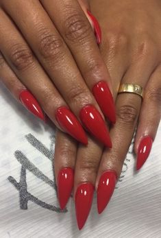 Almond Long Red Nails, Red Almond Nails Black Women, Red Nails On Black Girls, Pointy Red Nails, Nude And Red Nails, Red Pointy Nails, Red Nails Black Women, Pointy Almond Nails, Red Almond Nails Designs