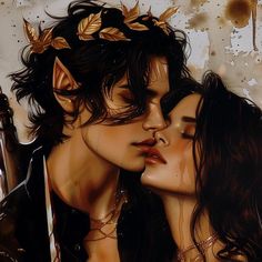 a painting of two people kissing each other with gold leaves on their head and shoulders