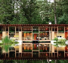 a house that is sitting in the middle of some water with trees and grass around it