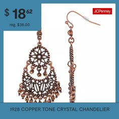 The antiqued finish of these copper tone chandelier earrings gives them a darker hue which contrasts beautifully with the sparkling topaz crystals dangling throughout. A cresent shape is suspended from a medallion stamped with a flower design, creating free moving tiers.Bead Type: Glass, CrystalEarring Back: French WireMetal Color: BrownEarring Length: 2 1/4 InchEarring Width: 1 InchCare: Wipe CleanEarrings Style: Chandelier EarringsMetal: AlloyCountry of Origin: Imported Crystal Chandelier Earrings, Earrings Chandelier, Antique Finish, Earrings Color, Crystal Chandelier, Chandelier Earrings, Flower Design, Color Light, Flower Designs