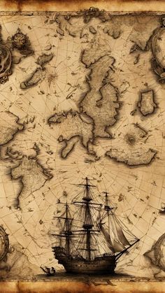 an old world map with ships and globes