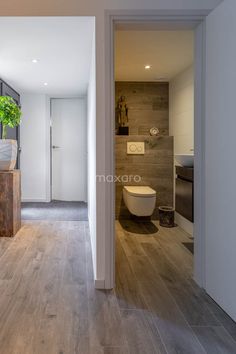 an open door leading to a bathroom with a toilet and plant on the counter top