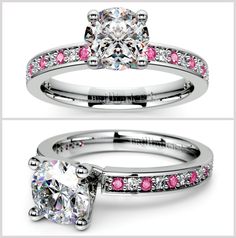 Twelve round cut diamonds and twelve pink sapphire gemstones are alternately pave set in this white gold gemstone engagement ring setting. Pink Sapphire Ring With Cubic Zirconia Center Stone, Pink Diamond Promise Ring With Prong Setting, Pink Sapphire Ring With Diamond Prong Setting, Pink Sapphire Round-cut Wedding Ring, Pink Sapphire Round Cut Wedding Ring, Pink Sapphire Promise Ring With Brilliant Cut, Pink Brilliant Cut Diamond Promise Ring, Pink Diamond Wedding Ring With Center Stone, Pink Pave Setting Promise Ring