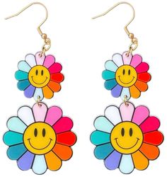 60s Smiley Rainbow Betty Flower Earrings - Relic828 Fun Multicolor Spring Jewelry, Retro Flower-shaped Jewelry For Summer, Retro Spring Flower Earrings Gift, Cute Multicolor Flower Shaped Earrings, Trendy Multicolor Flower Earrings For Party, Trendy Flower Earrings, Trendy Flower Shaped Earrings, Cute Multicolor Earrings For Spring, Spring Retro Flower Earrings Gift