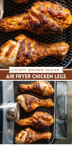 crispy brown sugar air fryer chicken legs on the grill with text overlay