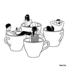 three people sitting in coffee cups with their backs turned to the side, one person laying down