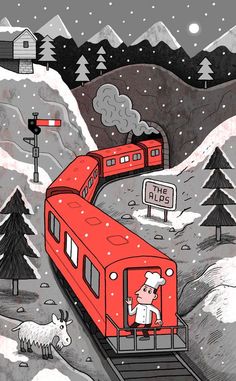 a red train traveling down tracks next to snow covered mountains and trees in the background