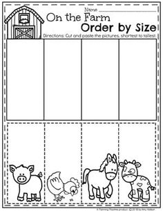 the farm order by size worksheet is shown with animals and birds on it