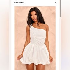 Say Hello To Your New Season Staple With This White Shoulder Ruched Puff Ball Dress. This Dress Is Brought To You In A White Hue With A One Shoulder Design, Ruched Detailing And A Puff Ball Style, What's Not To Love? This Puff Ball Dress Will Have You Looking On-Point Doll. Style This With Your High Heels And Accessories For A Vibe Like No Other. Length Approx 81cm/32" (Based On A Sample Size Uk 8) Model Wears Size Uk 8/ Eu 36/ Aus 8/ Us 4 Model Height - 5ft 6" White Mini Dress With Ruched Back For Spring, White Ruched Dresses For Spring, Summer Mini Dress With Ruched Bodice And One Shoulder, Chic White Bubble Dress For Summer, Chic Bubble Hem Dresses For Brunch, Elegant Ruched Dress With Bubble Hem, Chic Mini Dress With Bubble Hem For Brunch, White Ruched Back Mini Dress For Spring, White Fitted Bubble Dress For Summer