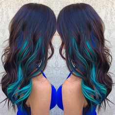 Brown Hair WIth Blue and Turquoise Streaks...if I were to ever dye my hair crazy this is what I'd do. Blue Hair Extensions, Blue Brown Hair, Magenta Hair, Funky Hair, 2023 Hair, Hair Color Streaks, Bright Hair Colors, Human Hair Clip Ins, Bright Hair