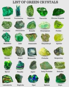 Precious Stones Chart, Green Gems, Minerals And Gemstones, Rocks And Gems, Green Gemstones, Gems And Minerals, Crystal Gems