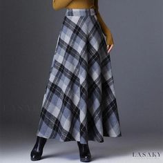 Lasaky - High-waisted Plaid Half-skirted Winter Dress with a Flared Hemline Long Skirt Fall, Long Skirt Winter, Midi Skirt Winter, Plaid Midi Skirt, Plaid Wool Skirt, Khaki Skirt, Winter Plaid, Ankle Length Skirt, Pleated Long Skirt