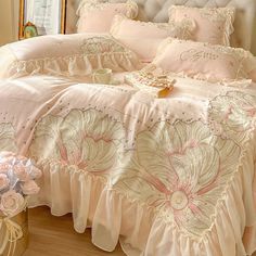 46242194751702|46242194784470 French Princess, Bed Sheet Sizes, Pink Bedroom Decor, Ruffle Flower, Winter Bedding, Set Bed, Flowers Embroidery, Pink Bedroom, Princess Wedding