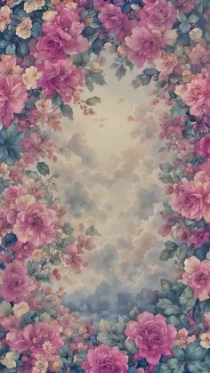 a painting of pink flowers and clouds in the sky