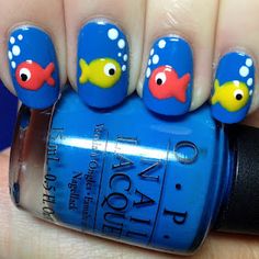 Fishies! Fish Nail Art, Fish Nails, Nail Art For Kids, Animal Nails, Crazy Nails, Blue Nail, Short Nail Designs