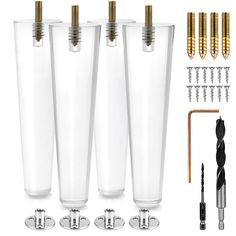 four glass vases with screwdrivers and other tools in front of the image