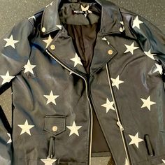 Used Like Brand New Star Leather Jacket, Black Leather Jacket With Studs, White Stars, Bomber Jackets, Moto Jacket, Vegan Leather, Bomber Jacket, Size 4, Jackets & Coats