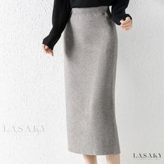 Lasaky - High-Waisted Knitted Midi Skirt: Slim-Fitting, Solid Color, and Flattering Stretch Solid Color Winter Skirt, Winter Stretch Solid Color Skirt, Winter Stretch Skirt In Solid Color, Elegant Knit Pencil Skirt, Elegant Knit Bottoms For Winter, Winter Knit Solid Color Skirt, Winter Knit Pencil Skirt, Casual Solid Pencil Skirt For Winter, Elegant Stretch Pencil Skirt For Winter