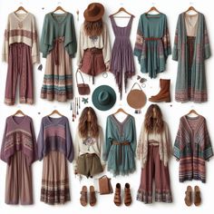 Boho capsule wardrobe full of lilac purple and green AI generated Boho Wardrobe Closet, Purple Boho Outfit, Aesthetic Boho Outfits, Hippie Capsule Wardrobe, Witchy Boho Fashion, Bohemian Capsule Wardrobe, Capsule Wardrobe Boho, Boho Capsule Wardrobe, Hippie Chic Outfits