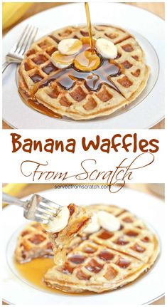 banana waffles on a plate with syrup and butter being drizzled over them