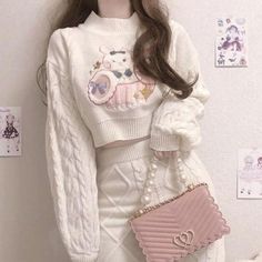 Hop into style with our Bunny Heart Knit Crop Top Skirt Set! This Kawaii Bunny outfit is perfect for any fashion-forward woman. The white color and sweater dress material make it suitable for any occasion, casual or formal. Don't miss out on being the cutest bunny around! 🐰💕 #BunnyHeartSet #KnitCropTop #SweaterDress #KawaiiFashion #WomenOutfit #Dress #Sweater #Skirt #Knit #OutfitSet #Bunny Twisted Skirt, Kawaii Sweater, Embroidery Skirt, Cropped Pullover, Kawaii Fashion Outfits, Warm Sweaters, Kawaii Clothes, Sweater Set, Korean Outfits