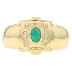 Size: 7 1/2 Sizing Fee: Up 1/2 a size for $50 or Down 1/2 a size for $40 Metal Content: 18k Yellow Gold Stone Information Natural Emerald Treatment: Oiling Carat(s): .24ct Cut: Oval Cabochon Color: Green Natural Diamonds Carat(s): .09ctw Cut: Single & Round Brilliant Color: H - I Clarity: VS1 - SI1 Total Carats: .33ctw Style: Solitaire with Accents Features: Diamond-Adorned Bridge Measurements Face Height (north to south): 15/32" (11.9mm) Rise Above Finger: 9/32" (6.9mm) Weight: 5.7 Grams Stamps Emerald Diamond Ring, Rise Above, La Face, Gold Stone, Natural Emerald, Emerald Diamond, Oval Cabochon, Brilliant Colors, Yellow Gold Rings