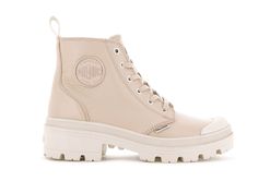 PALLABASE LEATHER - Palladium US Casual Cream Leather Platform Boots, Casual Cream Boots With Leather Sole, Casual Cream Leather Heeled Boots, Fall High-top Boots With Rubber Toe Cap, Casual Heeled Boots With Leather Sole, Casual Cream Boots With Rubber Sole, Casual Cream Boots With Lug Sole, Casual Beige Leather Heeled Boots, Feminine Boots