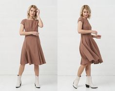 "Pure linen dress was designed to emphasize the femininity and elegance that every woman has. This romantic style linen dress ideal for autumn-winter, even summer days on different occasions. 📌 Check your measurements in the size chart to avoid returns or exchanges! ** Every summer dress has different measurements. We wanna make sure the item will fit you best. (In the last picture). ** ⚠️ ⚠️ **Personalized orders are not returnable** ⚠️ ⚠️ DETAILS: * Linen dress is made from 100% ECO linen (wa Brown Linen Short Sleeve Dress For Summer, Brown Linen Summer Dress With Short Sleeves, Beige Fitted Linen Summer Dress, Fitted Beige Linen Summer Dress, Short Sleeve Brown Linen Summer Dress, Fitted Knee-length Beige Linen Dress, Knee-length Belted Linen Midi Dress, Beige Fitted Knee-length Linen Dress, Spring Beige A-line Linen Dress