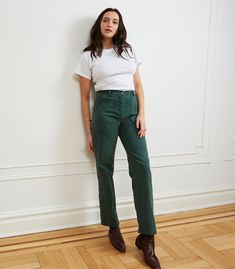 Ever want to wear a classic workwear pant, but can't get the fit right for your curves? The Long James Pants answer our quest for that work pant look, but with our classic high waist and perfect butt fit! These Long James have a longer inseam than our regular James Pants. Made from washed stretch cotton twill and featuring front and back pocket, belt loops and a button fly. FIT NOTE: The measurements below are of the actual pants. These are made with stretch fabric and will fit up to 2" bigger i Loosely Fitted Mid-rise Cargo Pants For Workwear, Mid-rise Cargo Pants With Loosely Fitted Hips For Workwear, Cotton Mid-rise Work Pants, Fitted Straight Cargo Pants For Workwear, Mid-rise Cotton Work Pants, Relaxed Fit Mid-rise Pants For Workwear, Green Wide Leg Chinos For Work, Wide Leg Green Chinos For Work, High Waist Green Cargo Pants For Workwear