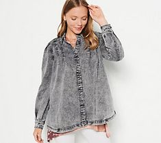 Puff-sleeve detail makes this denim jacket feel dressy. Make it your fall-to-spring staple. From LOGO by Lori Goldstein®. Denim Shirt Jacket, Jacquard Jacket, Grey Leopard Print, Lori Goldstein, Flannel Jacket, Grey Wash, Embroidered Jacket, Long Puff Sleeves, Zipper Jacket