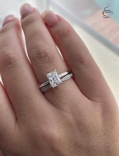 New In!  One of our bestseller the Alessandra and 2mm half eternity curved moissanite band make a beautiful set together.  💎This beautiful bridal set features 2CT 6A CZ radiant cut stone on a minimalistic 1.8mm Sterling Silver band and a complimentary 2mm curved moissanite band. 💎Made of high quality sterling silver and  plated with rhodium it will not rust or turn your finger green. 💎Will come in a box ready for a Gift  Will be shipped within 1-2 business days from Los Angeles CA ----------- Moissanite Engagement Ring Silver Band, Timeless Silver Square Cut Rings, Timeless Silver Wedding Ring, Square Cut, Silver Square Cut Promise Ring, Sterling Silver Rings With Brilliant Square Cut, Sterling Silver Square Cut Brilliant Ring, Solitare Engagement Ring, Solitare Engagement Rings, Moissanite Band