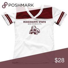 Mississippi State University Girls Youth Tee Shirt Mississippi State University Girls Youth Tee Shirt  Official Licensed Product Brand: Blue 84 Color: White/Maroon  V Neck 50% Cotton, 50% Polyester Made in USA  New w/ Tags Clayson Shirts & Tops Tees - Short Sleeve White School Spirit Top For Spring, White Collegiate Tops For School, Sporty Red Tops For School, White Cotton Tops For School Spirit, White T-shirt For School In Spring, White T-shirt For Spring, Red School Spirit Tops For School, Red Tops For School, White School Spirit Tops For College