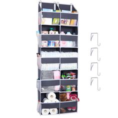 an organized storage rack with various items on it