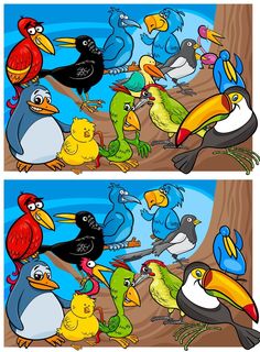 cartoon birds with different colored beaks sitting on the ground