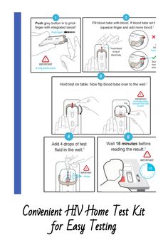 Instructions for using a convenient HIV home test kit, showing step-by-step blood sample collection and testing process with illustrations.