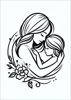 a black and white drawing of a mother hugging her child with flowers around her neck