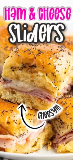 ham and cheese sliders stacked on top of each other with the title above it